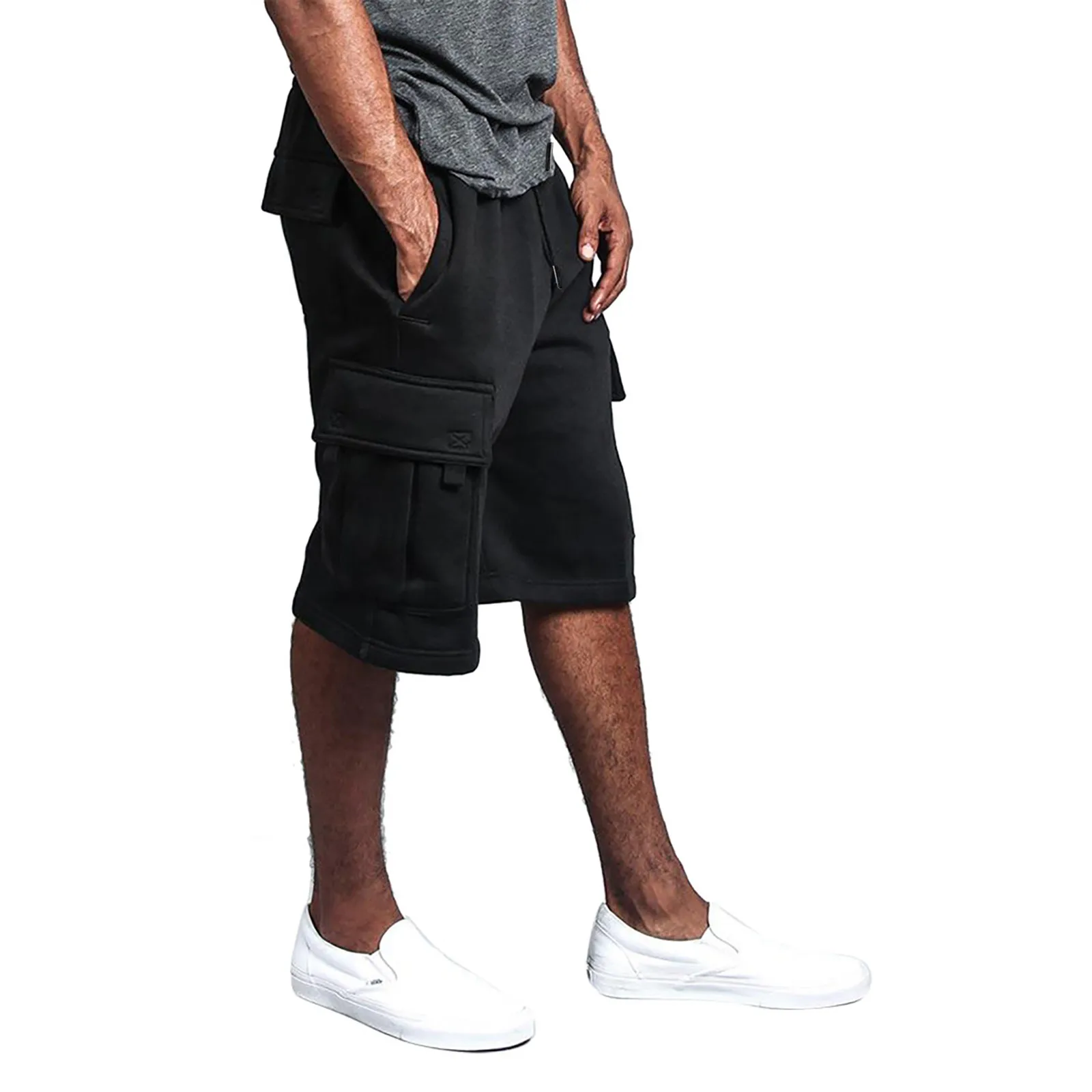 Men'S Solid Color Fashion Short Cargo Pants Drawstring Multi-Pocket Straight Quarter Pants Men'S Casual Simple All Match Shorts