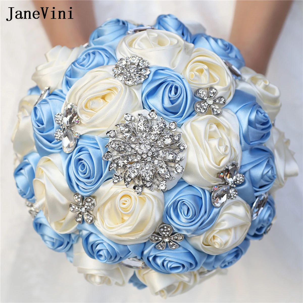 JaneVini New Elegant Bridal Bouquets Bling Rhinestone Light Blue Satin Roses Artificial Bride Flower Bouquet Wedding Accessories