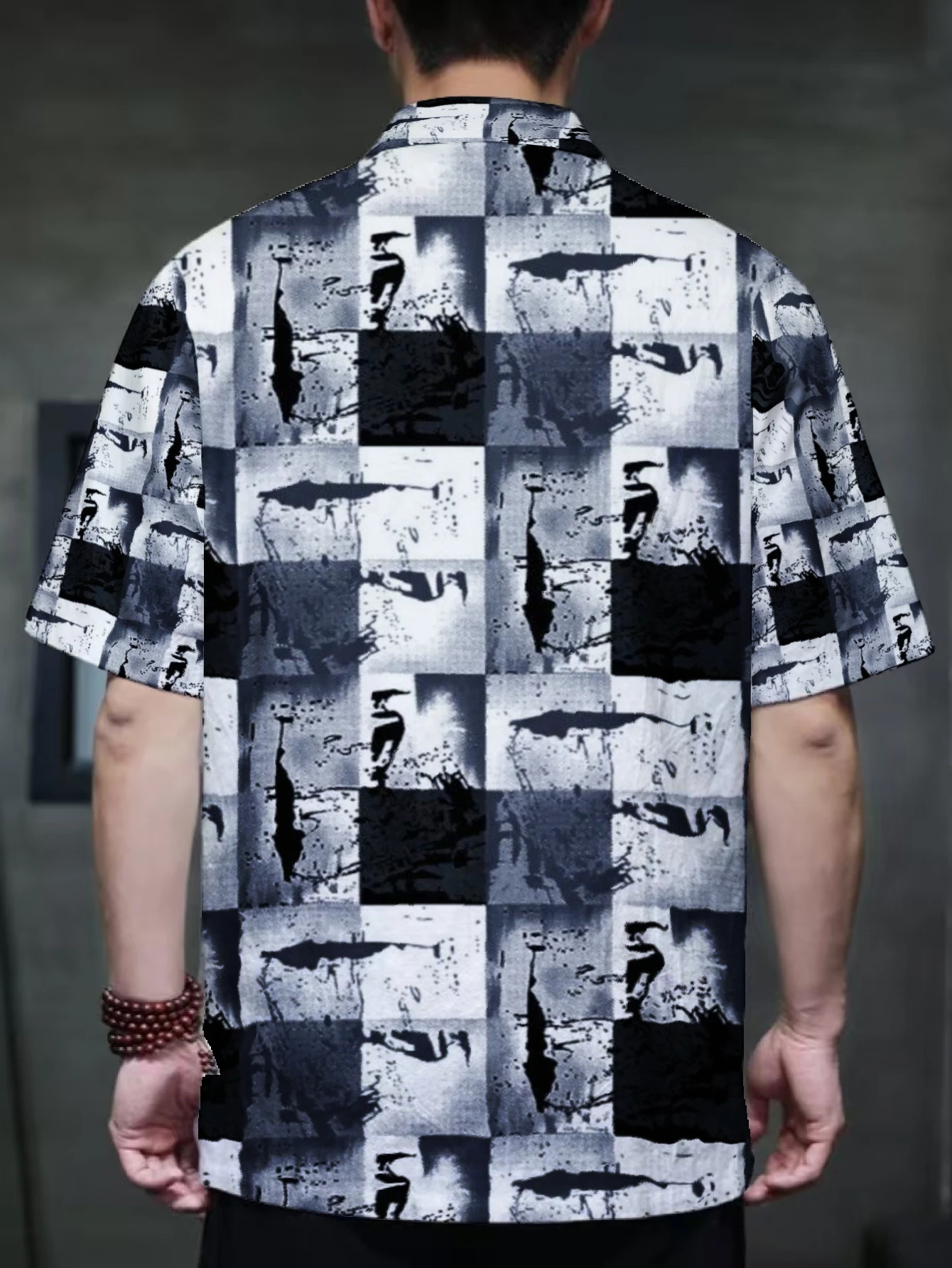 Men Mandarin Collar Frog Button Short Sleeve Shirt Abstract Geometric Art Print Oriental Casual Top With Side Pockets