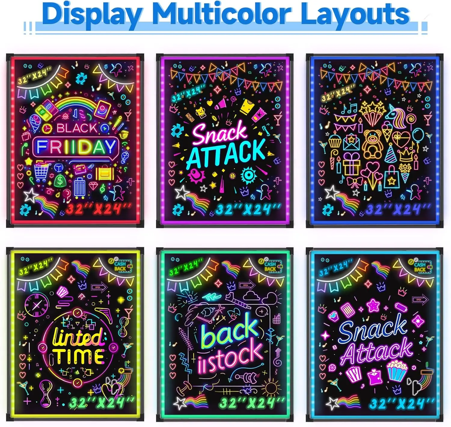 32x24 Inch LED Message Board with 16 Colors & Markers, Erasable Neon Sign for Restaurants and Holidays