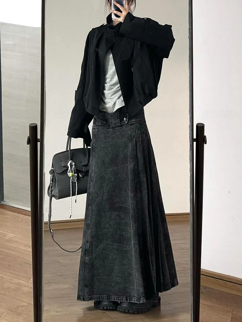 American Y2K Millennium Hot Girl Wide Hem Denim Skirt Women's Summer Vintage Design Versatile Workwear Long Skirt