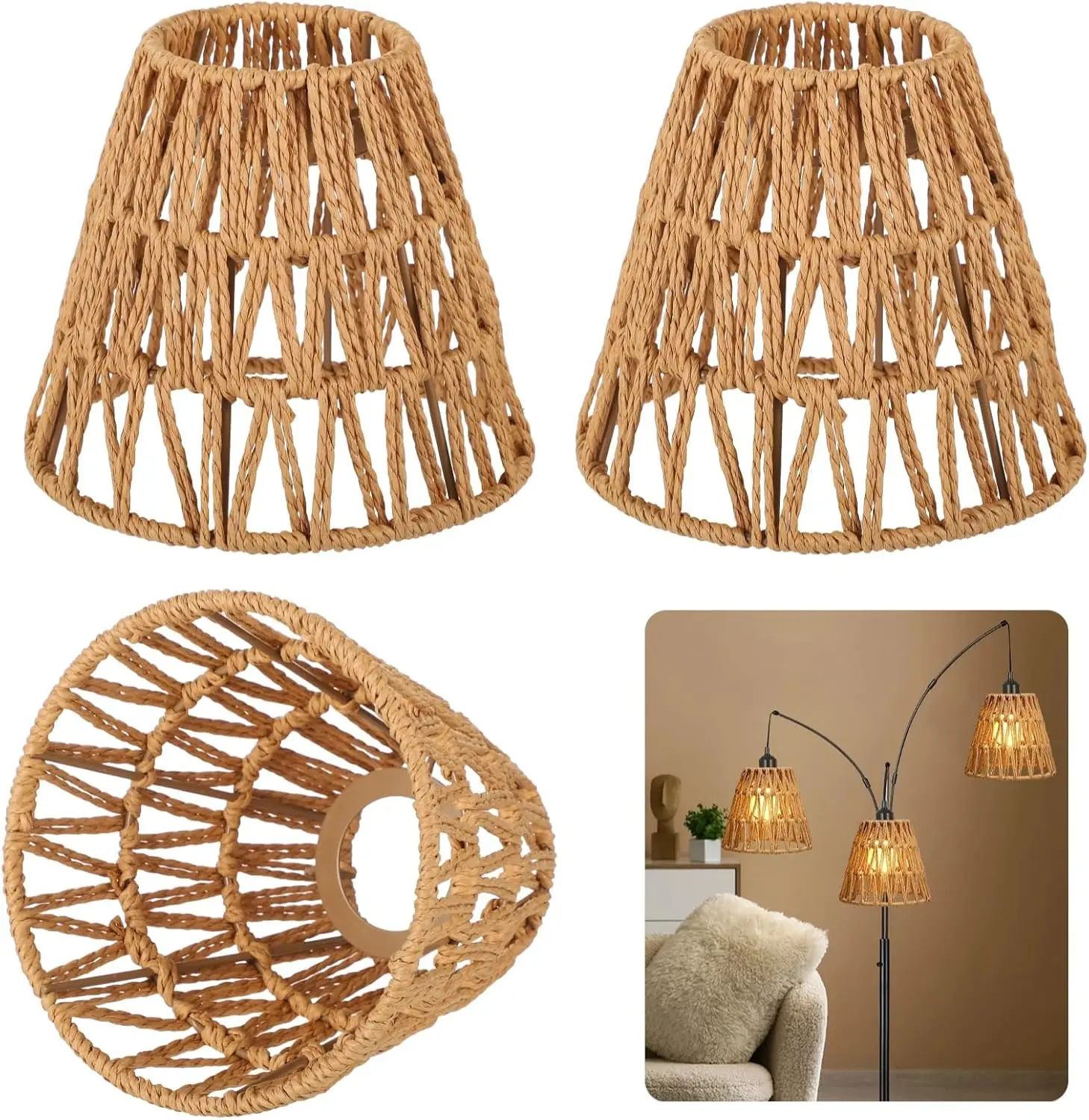 

3 PCS E27 Rattan Lamp Shade,Bell Woven Wicker Lampshades Replacement,Paper Rope & Metal Frame,Bohemian Style Light Shade