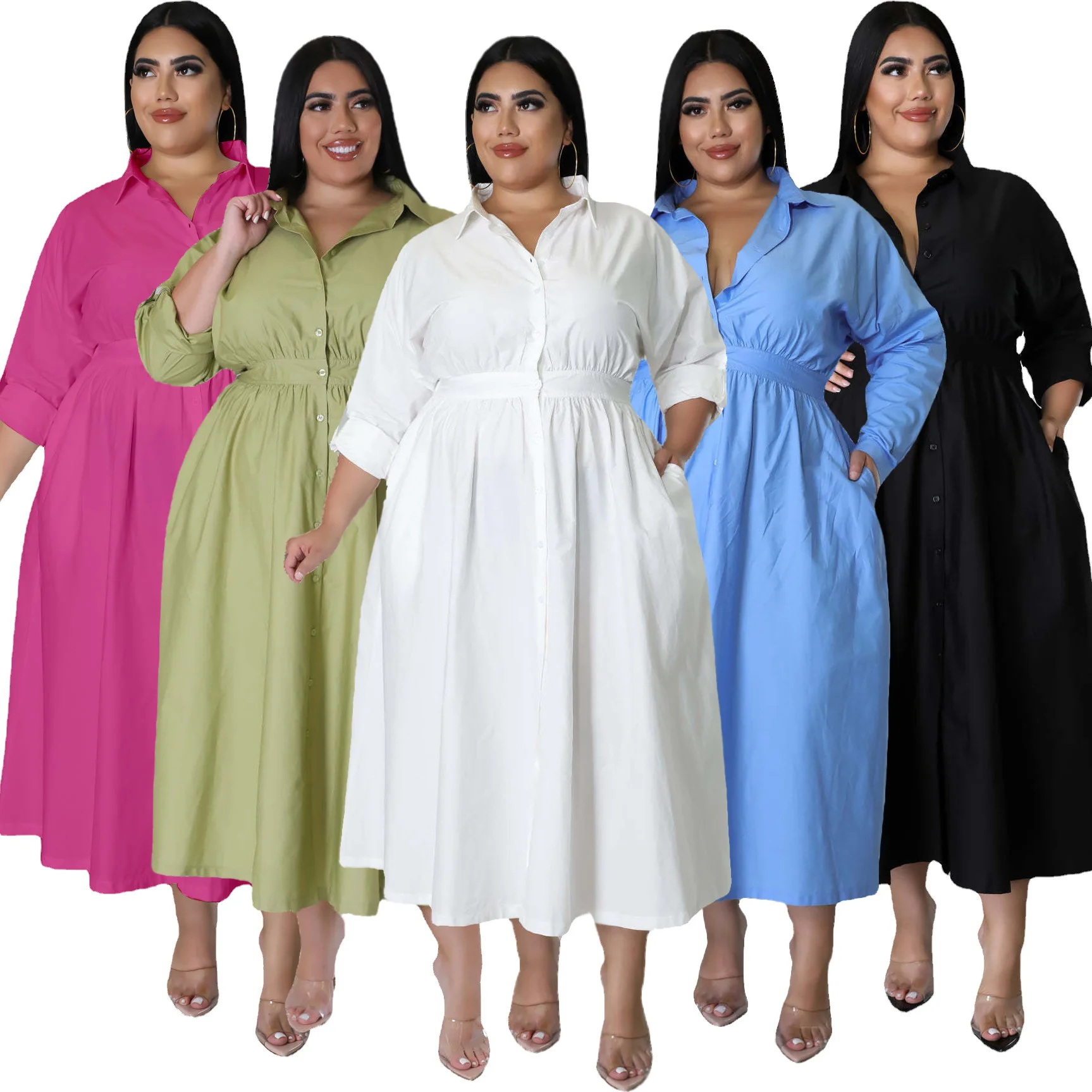 Plus Size Casual Blouse Long Dress Autumn Solid Long Sleeve Mid-calf Vestidos Streetwear Fashion Office Lady Oversized Dresses