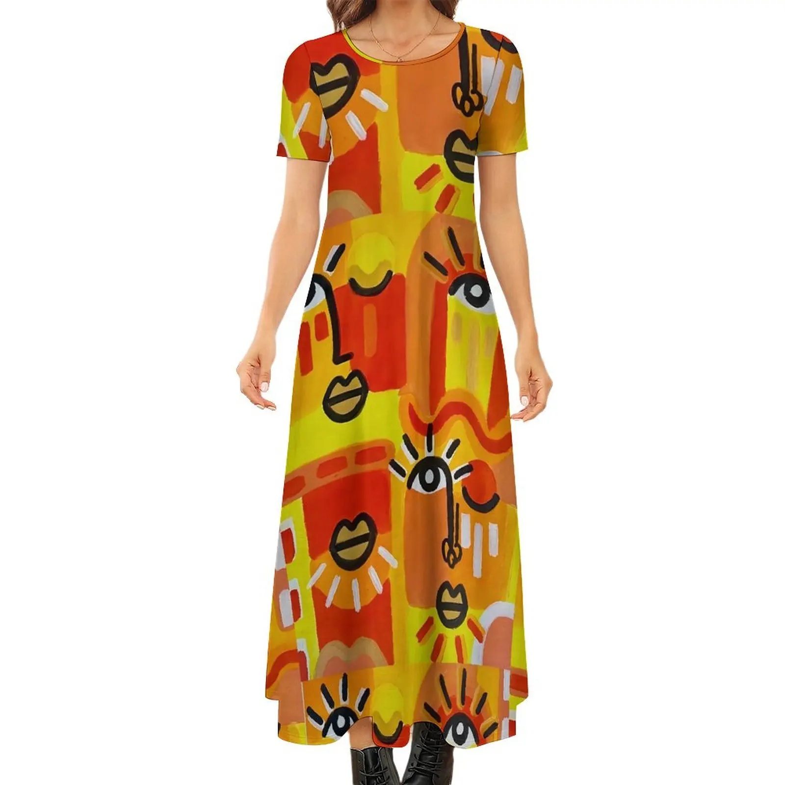 

Abstract Lady Face Dress Colorful Art Beach Maxi Dress Womens Short Sleeve Aesthetic Boho Beach Long Dresses Big Size 6XL 7XL