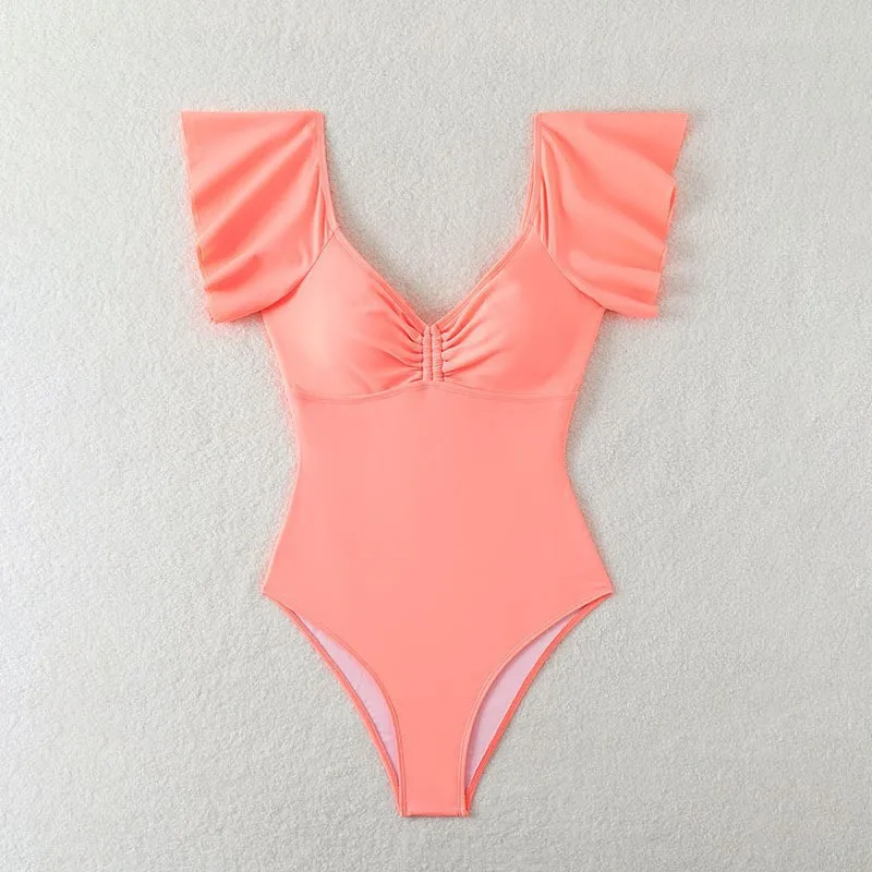 ชุดว่ายน้ำวันพีซผู้หญิง คอวี ผ้าจีบ ขอบระบาย โชว์หลัง กระชับหน้าท้อง ทรงไฮคัท สีพื้น