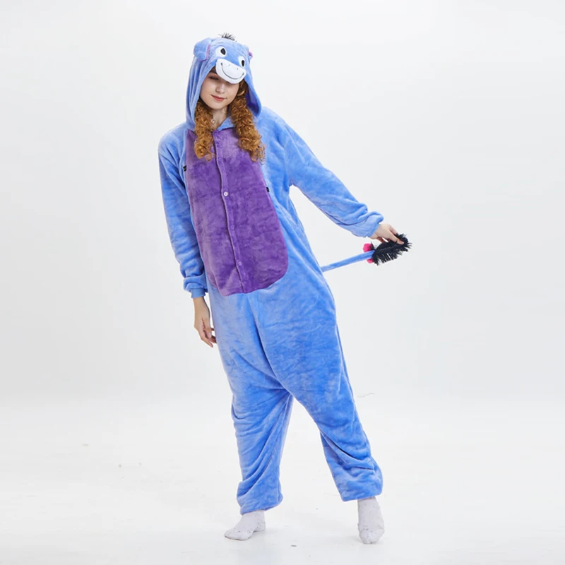 Blue Donkey Sleepwear Nightgowns Hooded Jumpsuit Pajamas Kigurumi For Adult Homewear Flannel Anime Cartoon Oversized Cosplay