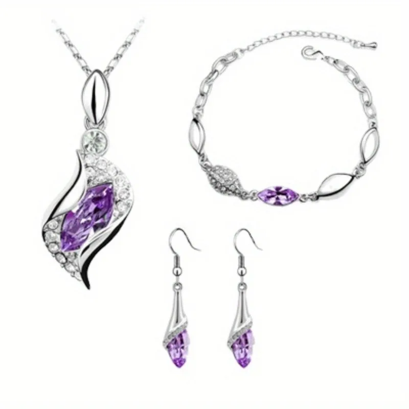 Bridal jewelry Set Horse eye Crystal Earrings Necklace Bracelet One Sets Silver plating jewelry Mother's Day Gift