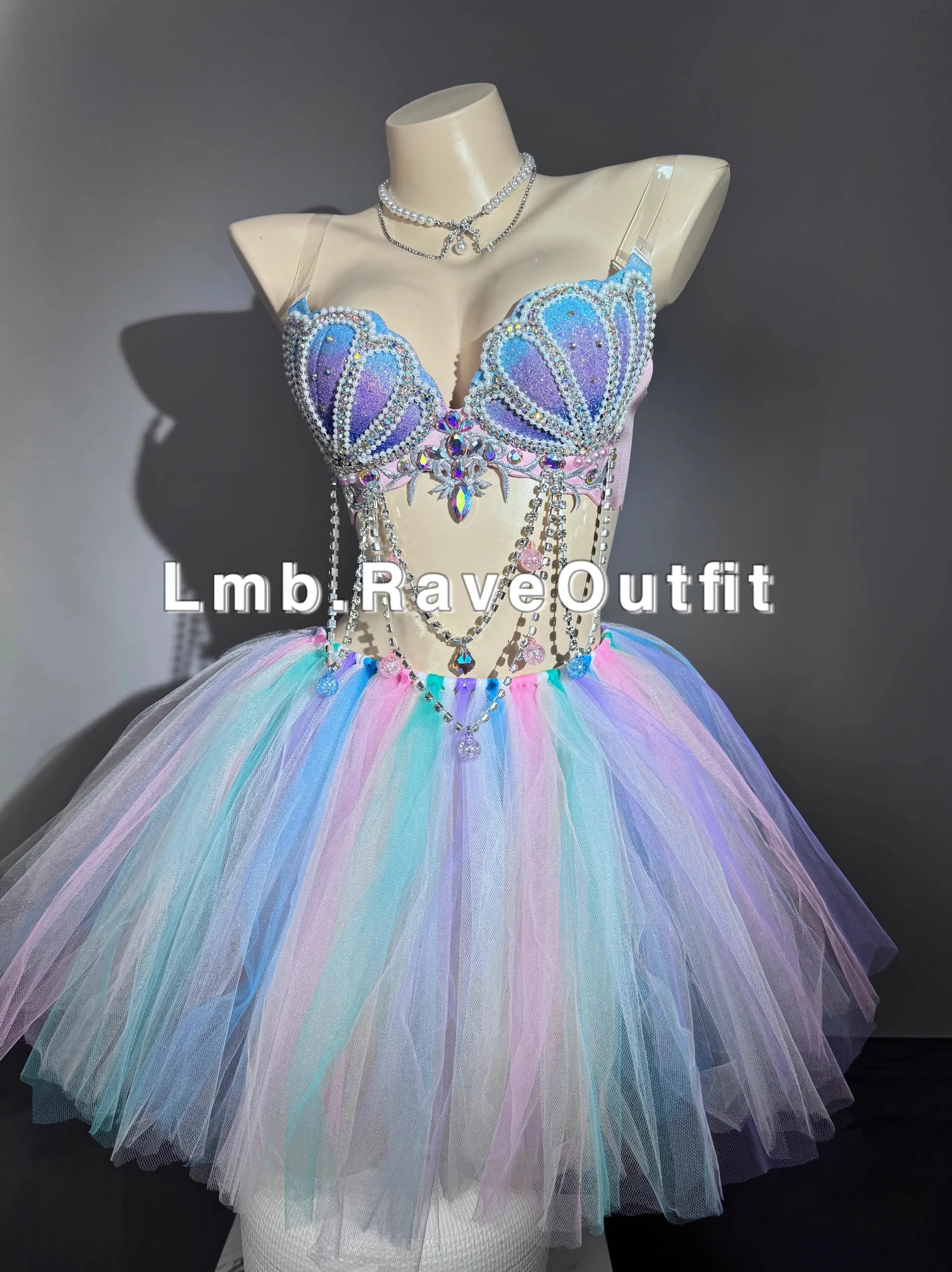 

Luxury Flash Pearl Crystal Diamond Tassel Shell Bikini+Colorful Tutu Skirt Nightclub Festival Singer Bar Dance Stage Party Wear