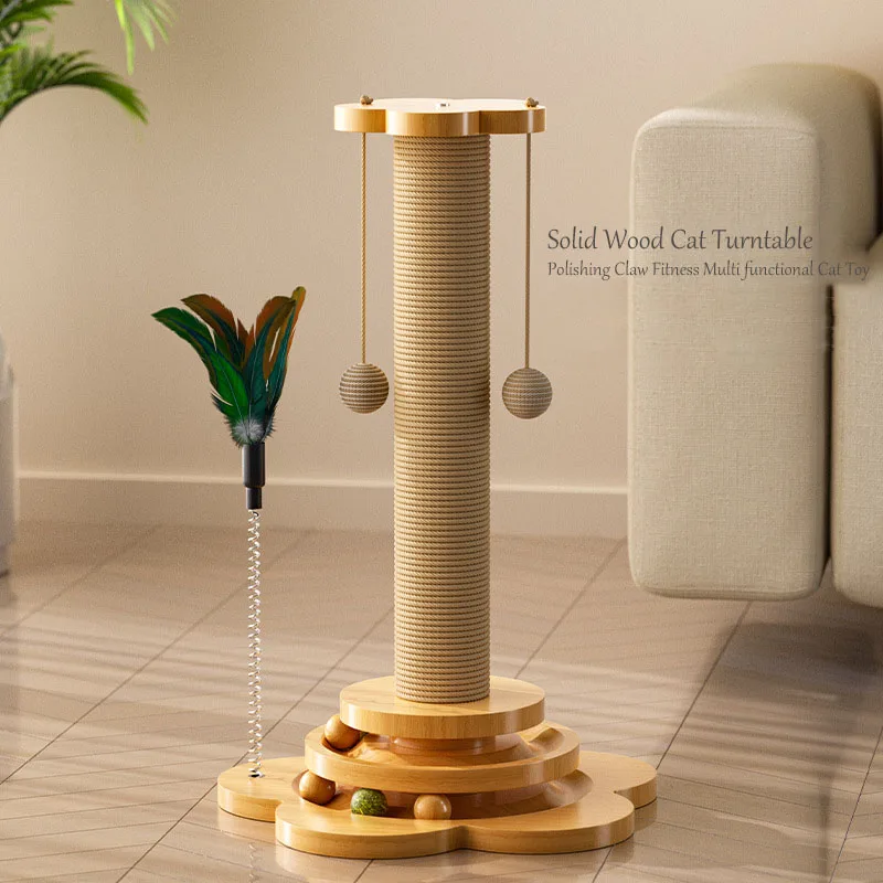 Sisal Scratching Post for Cat Solid Wood Turntable Funny Toy Balls Grab Column Training Supplies Pet Accessories