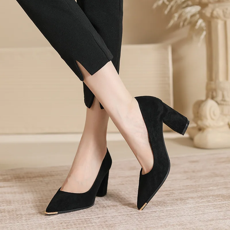 

Size 31-43 Chunky Heel Suede Point Toe Solid Color High Heels Women Shoes For Office Wear