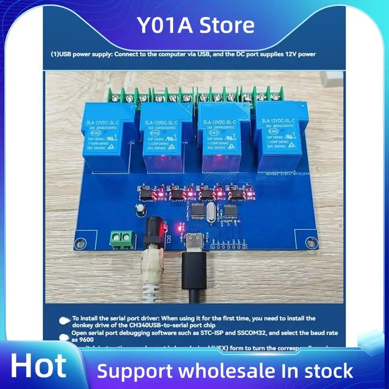 

Y01A 4CH USB Relay Module Onboard CH340T Chip 12V 30A USB-C Relay Module USB-Computer Serial Port Intelligent Control Switch
