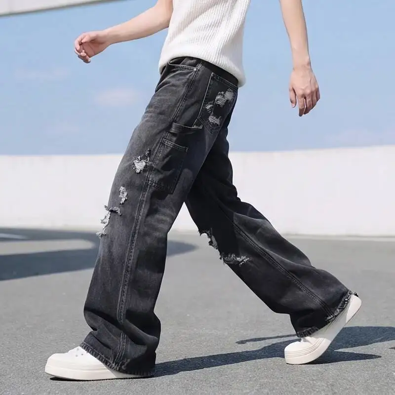 

American Retro Men's Ripped Jeans Slightly Flared Summer Stacked Denim Pants High Street Washed Black Grey Trousers