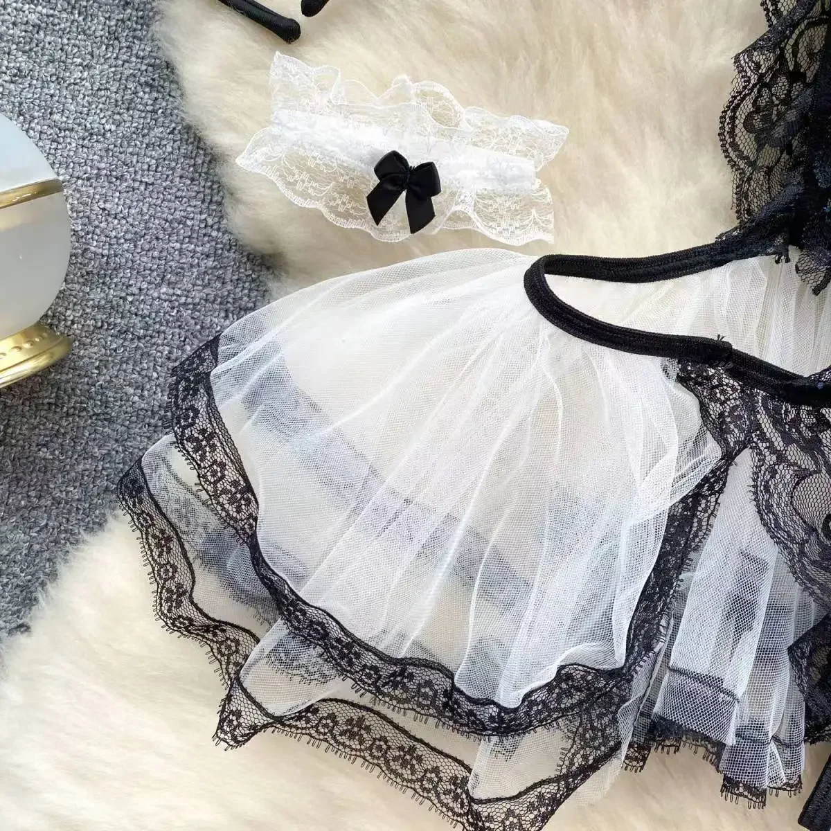 New Sexy Howllow Out Lace Jumpsuit Maid Outfit Maid Dress Cosplay HotSweet Classic Apron Maid Costume with Headwear Bodysuit