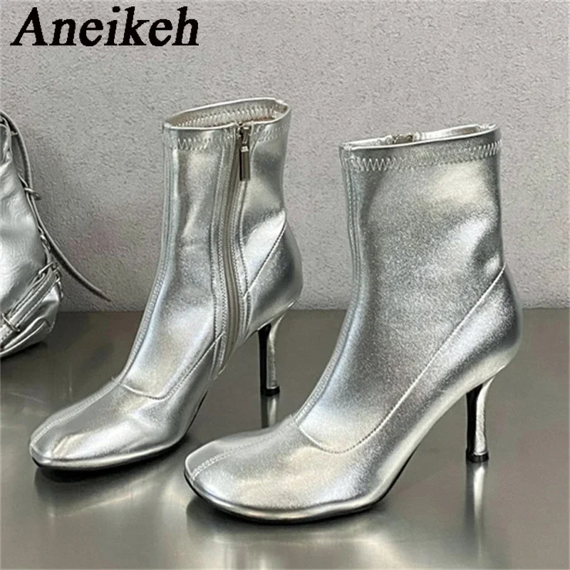 

Aneikeh 2024 Autumn PU Boots Sewing DRESS Pleated Solid Square Toe Women Shoes Mid-Calf Leisure Women Thin Heels Boots Party ZIP