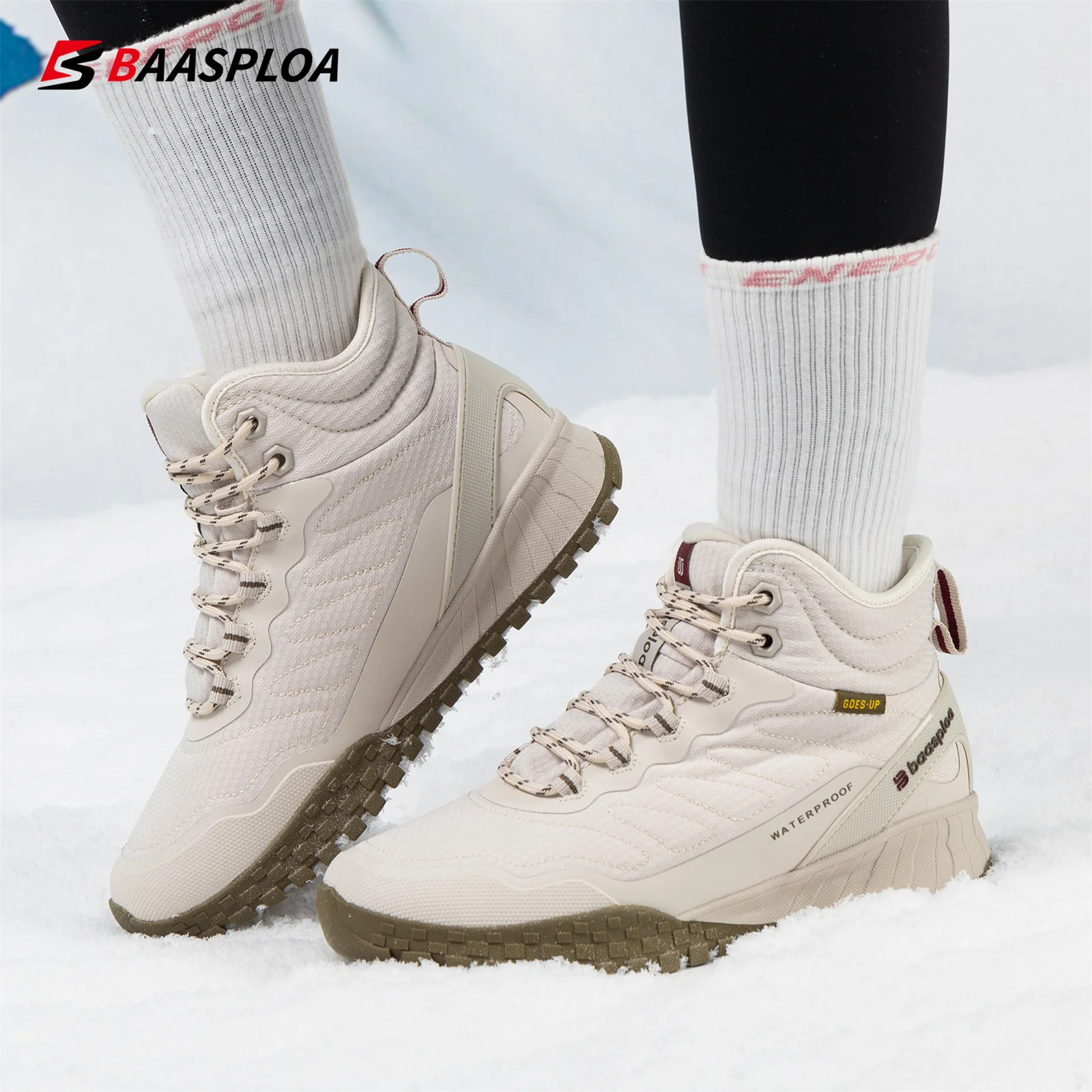 Baasploa Women Cotton Shoes New Winter Casual Waterproof Plush Warm Snow Boots Female Outdoor Non-Slip Lace up Walking Shoes