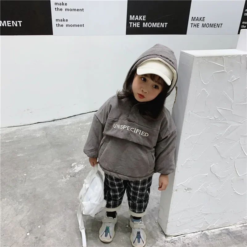 Winter Boys Girls Parkas Velvet Hooded Letter Printed Beige Gray Coat Baby Thick Outerwear Casaco Inverno Infantil Kids Clothes