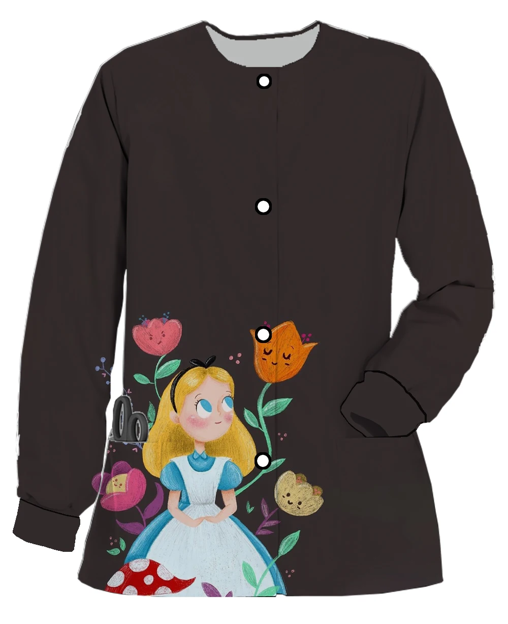 Alice women's work clothes, printed cardigans, Disney series, printed long-sleeved jackets, dental pet shop nursing clothes