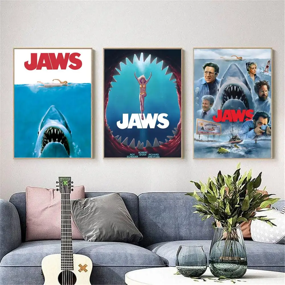 ملصق كلاسيكي رعب Moviej-Jawws مقاوم للماء من القماش ومقاوم للتجاعيد جدار الفن سهل التعليق ديكور المنزل لغرفة المعيشة وغرفة النوم #5
