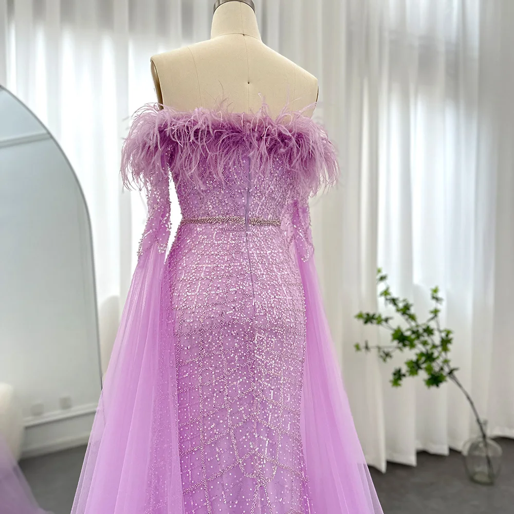 Scz109 Jancember Feather Turquoise Dubai Evening Dress With Cape Sleeves 2024 Lilac Arabic Women Wedding Party Prom Gown