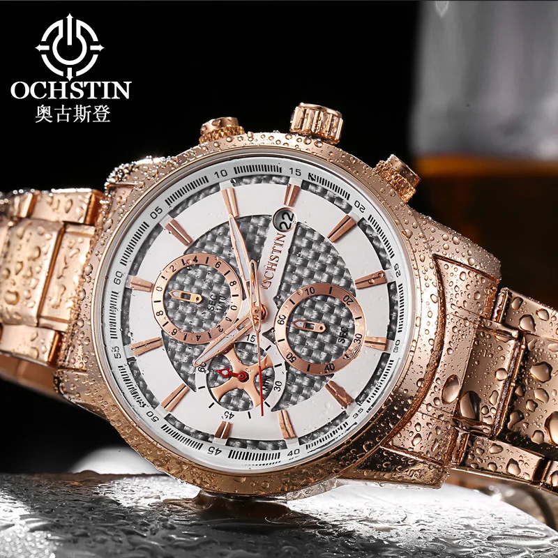 OCHSTIN Men's Multifunctional Chronograph Watch Man Stainless Steel Strap Waterproof For Business Commute Fashion Male Clock