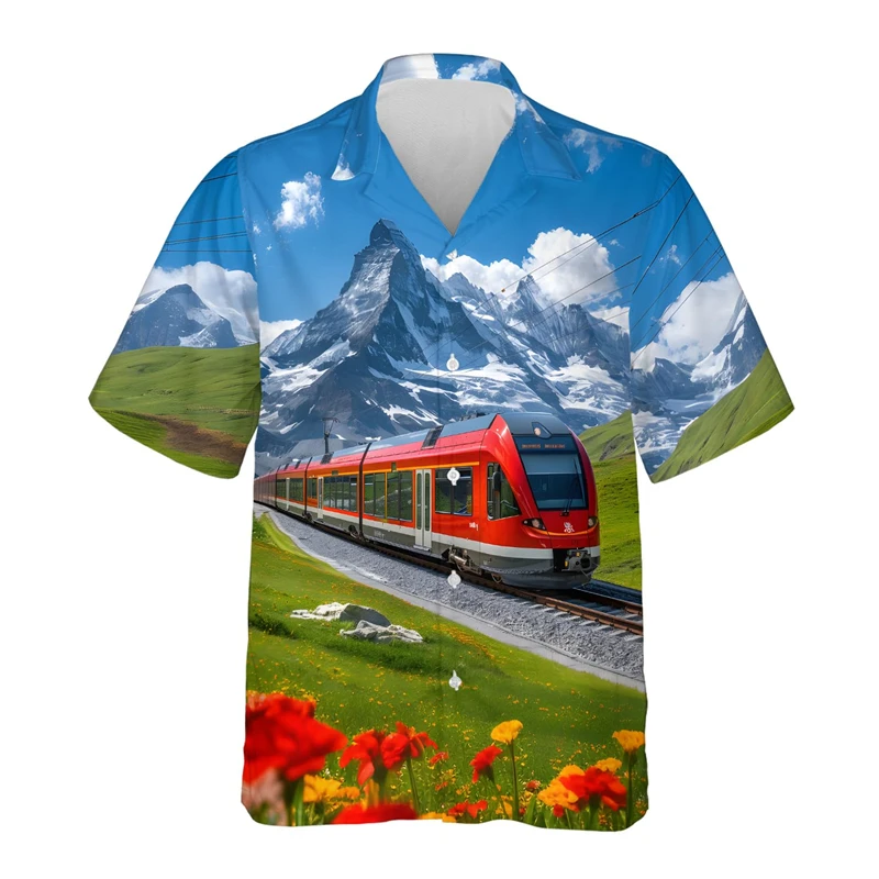 Vintage Train 3D Print Shirts For Men Clothes Hawaii Vacation Vehicle Male Short Sleeve Button Tops Boy Streetwear Lapel Blouse