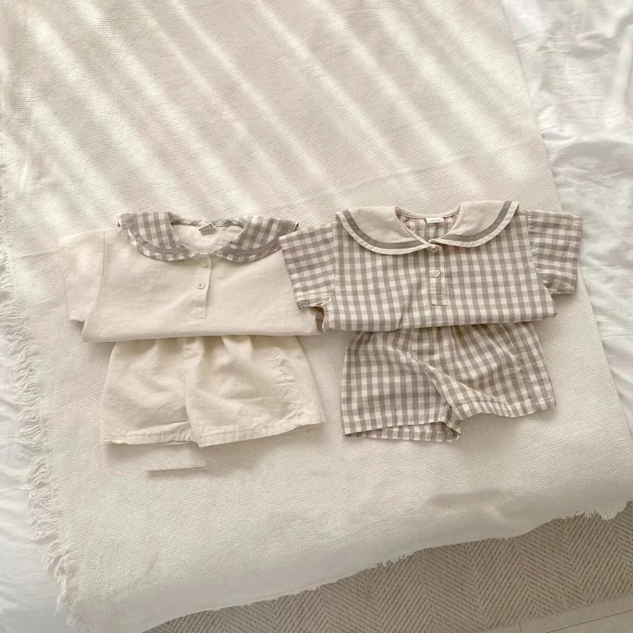 TZ23052 Summer Children's Navy Collar Checkered Short Sleeved Pants, Fashionable, Casual, Breathable, Two-Piece Lapel Set