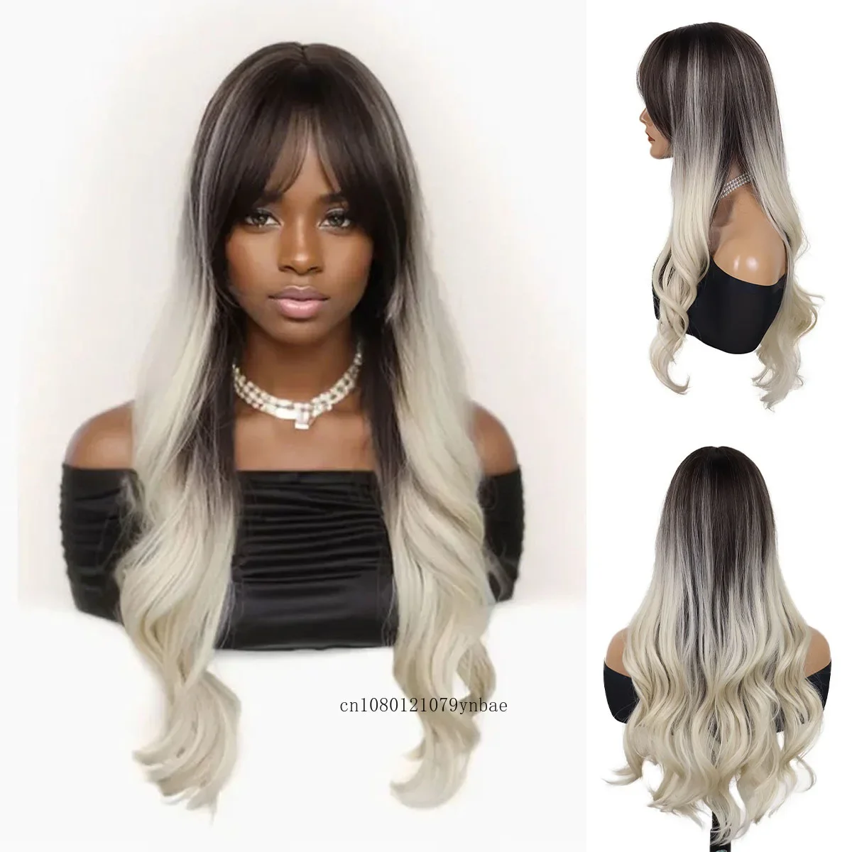 Synthetic 28 Inch Long Wavy Wigs for Women Girls Ombre Light Blonde Wig with Bangs Daily Cosplay Party Costume Heat Resistant