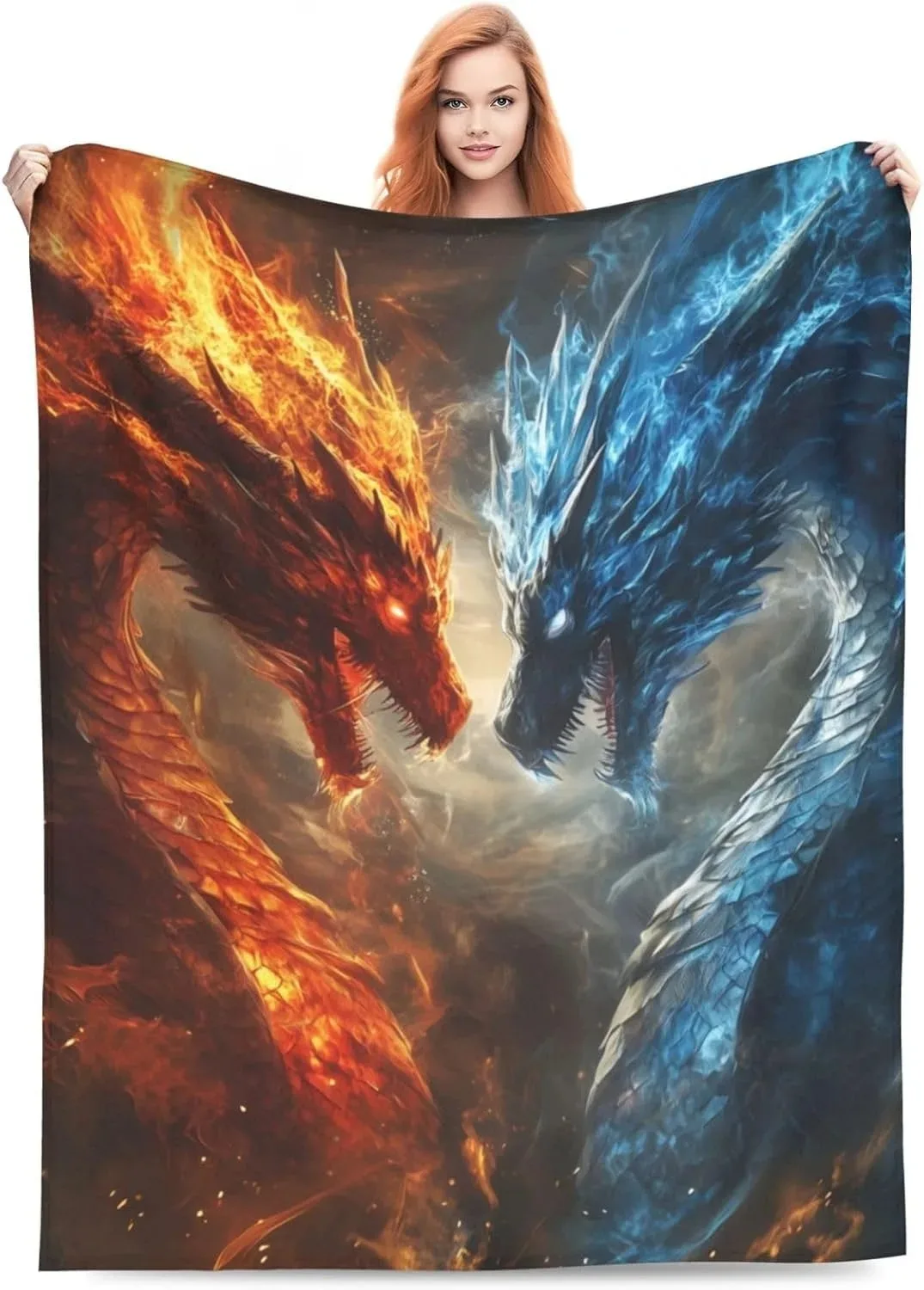 Fire and Ice Dragon Print Fleece Blanket Soft Fantasy Design Throw Cover Cozy Home Decor Gift for Gamer Fantasy Lover Bedroom