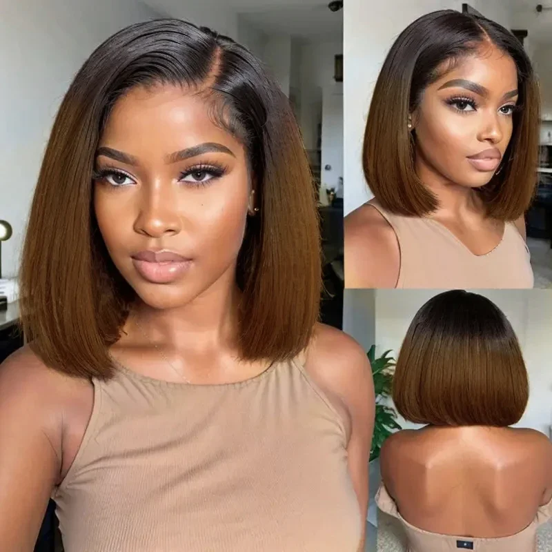 Ombre  Brown Colored 13x4 Lace Frontal Wig Human Hair Wig Remy Bone Straight Short Bob Wig For Black Women