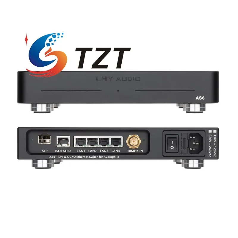 TZT LHY AUDIO AS6 1000Mbps 6-Port Hifi Switch LPS & OCXO Ethernet Switch (Black/Silver 230V/115V) for Audiophile