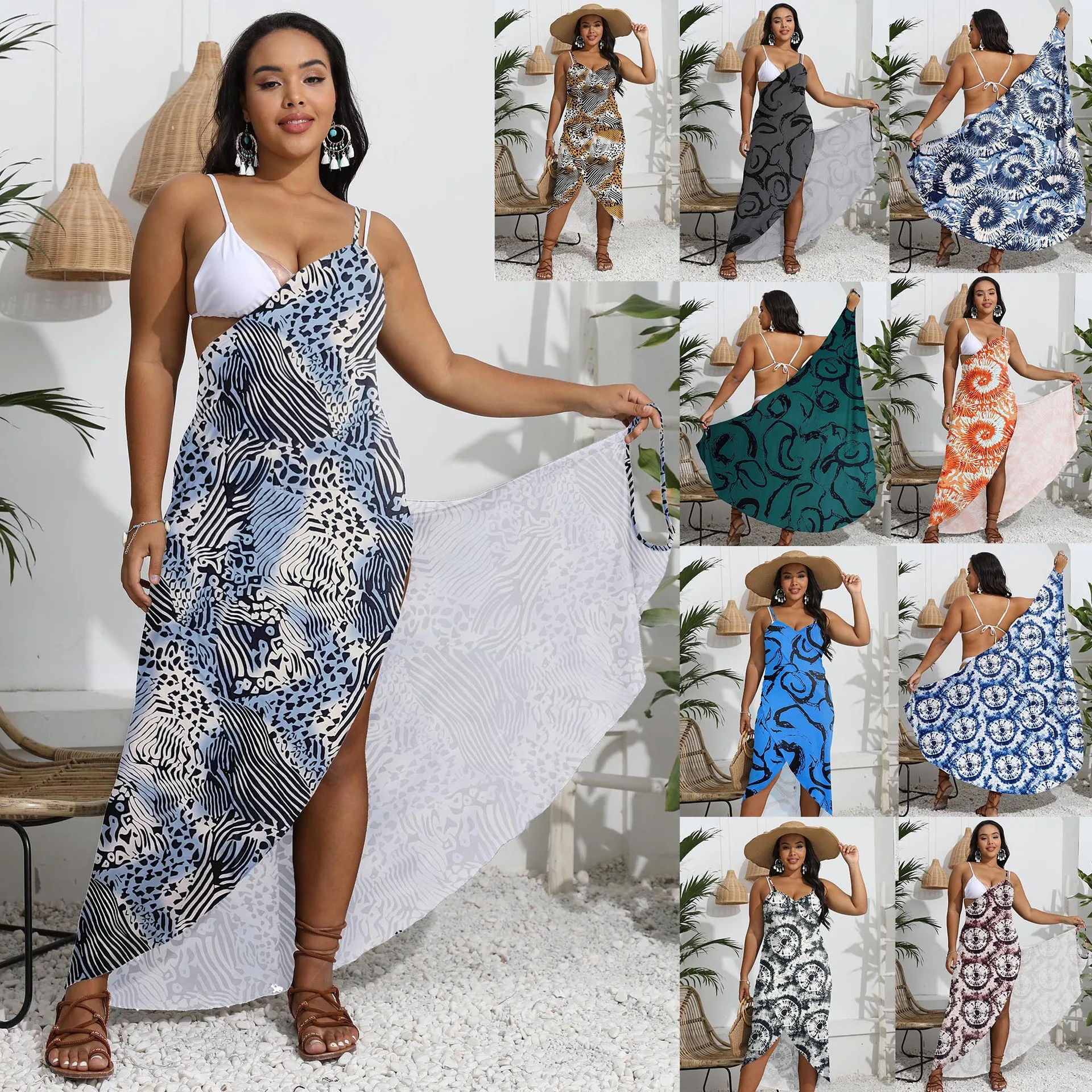 Swimwear Cover Up Women Beach Outing 2024 Outfits Summer Dress Swim Wear Plus Size Printed One Piece Shawl Multi Skirt Irregular