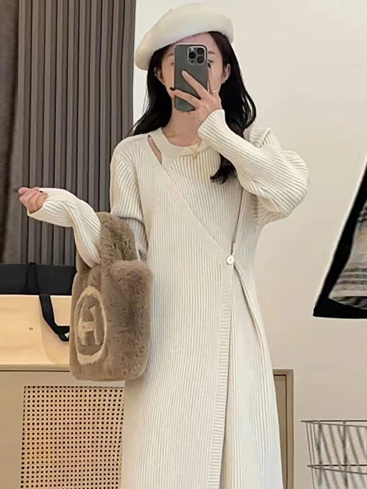 

Women's Dress Solid Color Knitted Cotton Inner Long Irregular Shape Long Sleeve A- line Woolen Skirt Fake Two-Piece SpringAutumn