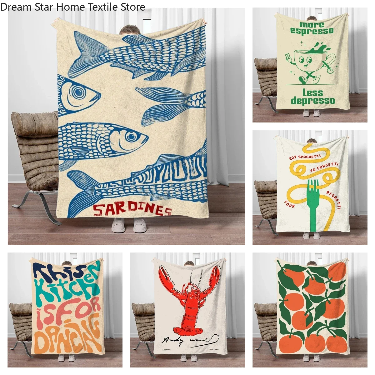 Retro Kitchen Food Cartoon Blanket Children Warm Soft Blanket for Sofa Bed Cover Blanket Suitable for Birthday Souvenir Gifts