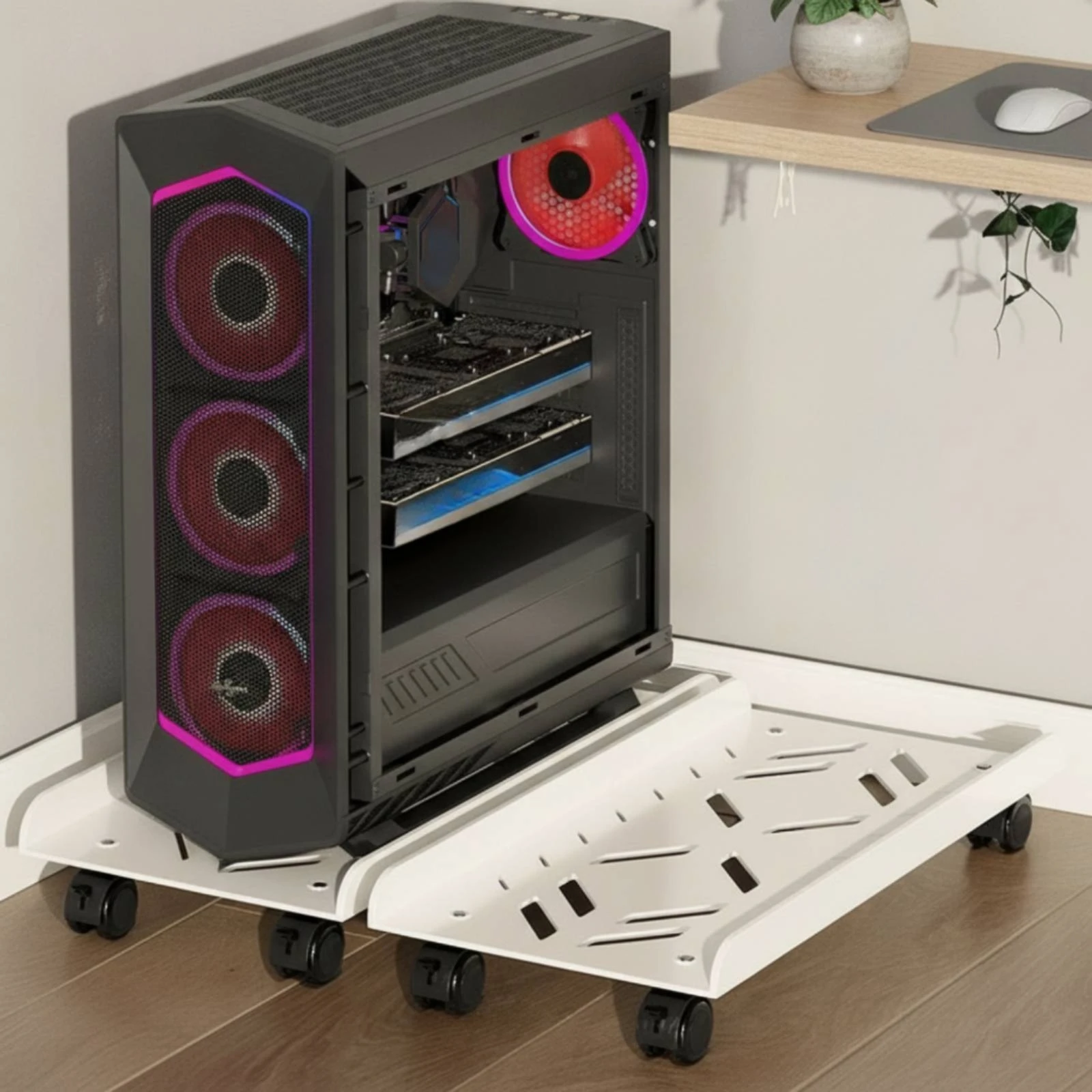 Computer Case Stand Movable Computer Desktop Stand with Wheels Processor Unit Holder Cart with Wheels Elevated Chassis Tray