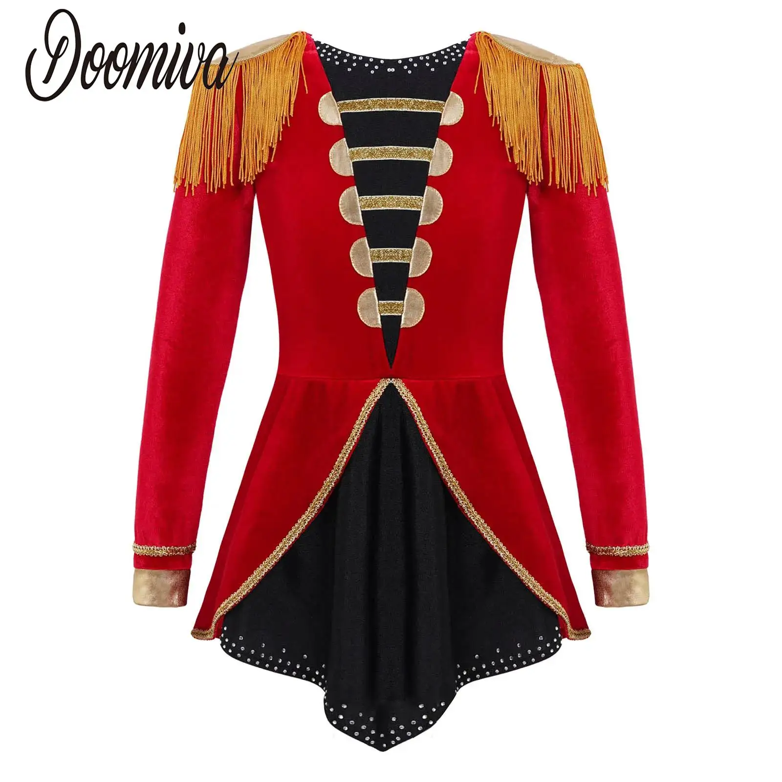 Kids Girls Circus Ringmaster Cosplay Halloween Costume Flag Raiser Honour Guard Dress Up Long Sleeve Tassel Leotard Dance Dress