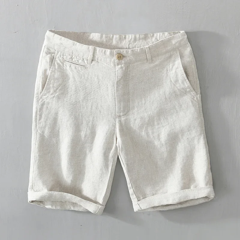 Calção de praia de linho cintura média masculina, bolsos retos casuais simples, cor sólida, zíper, calça na altura do joelho, verão, L8216