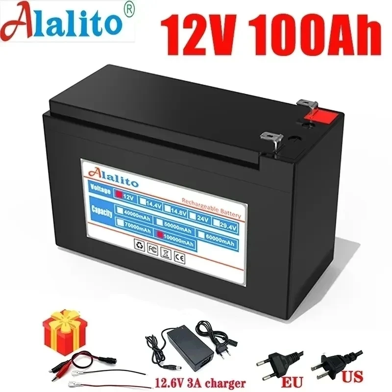 

12V Battery 100Ah 18650 lithium battery pack Rechargeable battery for solar energy electric vehicle battery+12.6v3A charger