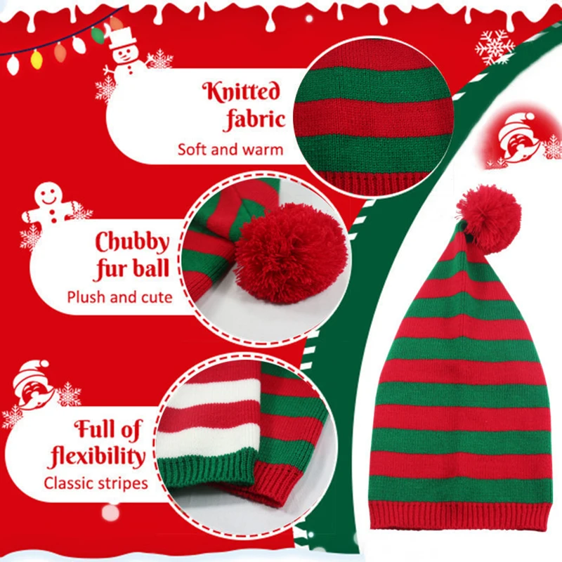 Adult Christmas Knitted Hat Elf Santa Beanies Santa Claus Red Green Striped Knitted Crochet Hat Merry Christmas Happy New Year