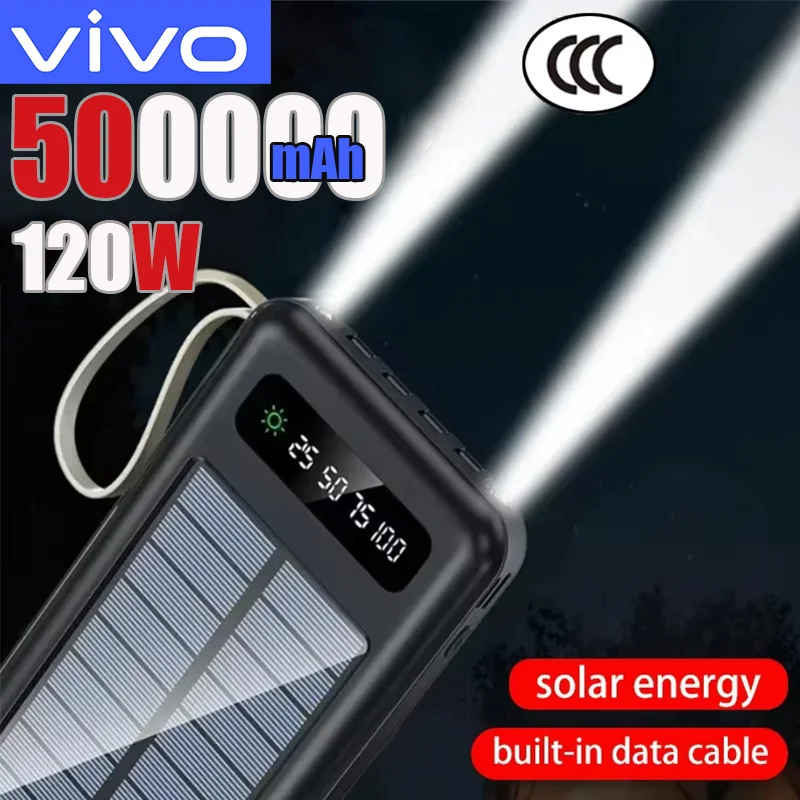 

Внешний аккумулятор VIVO 50000 мАч с солнечной зарядкой, быстрая зарядка, большая емкость, встроенные 4 кабеля для iPhone и Huawei ﻿ Самсунг