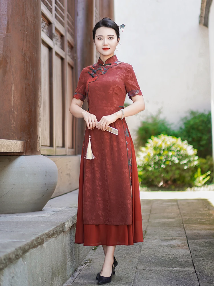 Summer New Style QiPao Dress Slenderizing National Style Audrey Dress Low Slit Short Sleeve Polyester Spandex Blend Daily Wear