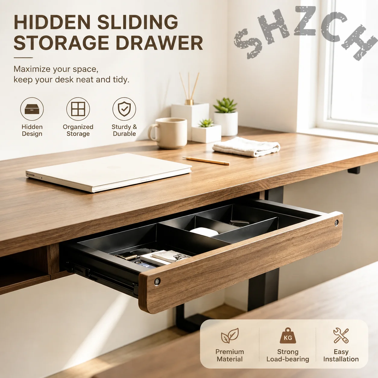Black Walnut Under-Desk Drawer with Smooth Slide Rails – Compact Wooden Storage Tray for Height-Adjustable Desks