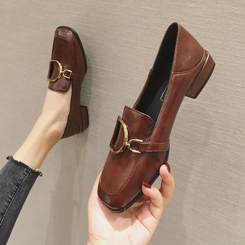 British Style Leather Shoes for Women Square Toe Slip on Loafers Low Heel Shallow Single Shoes Vintage Metal Buckle High Heels