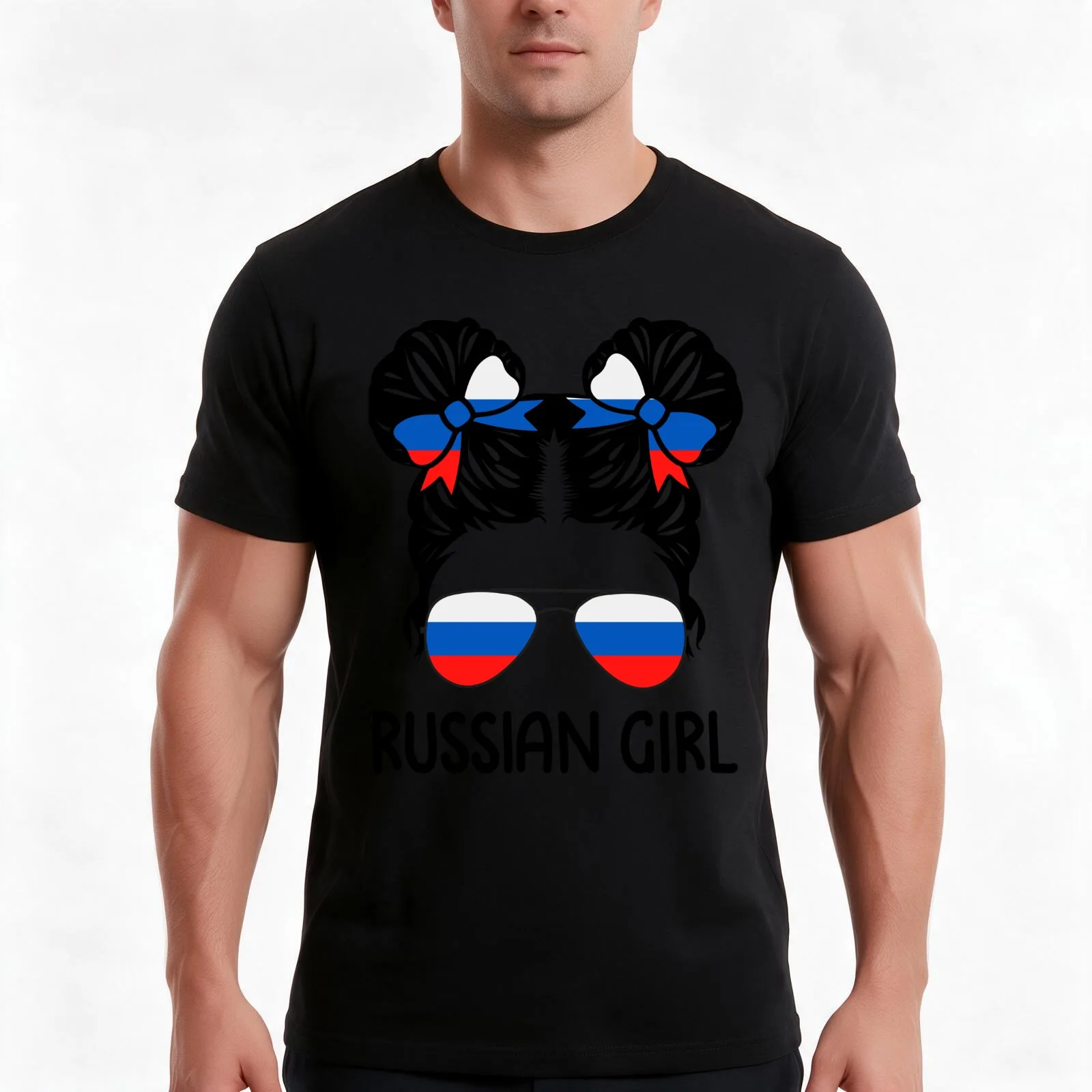 Russian Girl Messy Hair Sunglasses Russia Pride T-Shirt, Summer Casual Cotton Tee, Oversized Streetwear Tops, Unisex Men Women