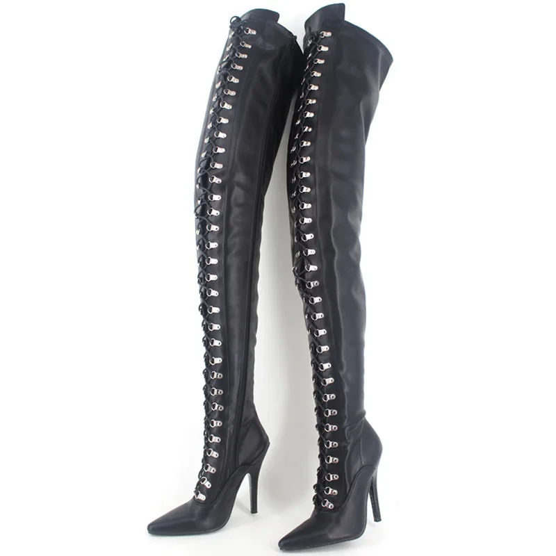 FHC New Women Thigh High Boots,Fetish Stage Dance Shoes,Men Cosplay Botas,12cm,Front Laces.Big Size 46,Green,Customized Colors