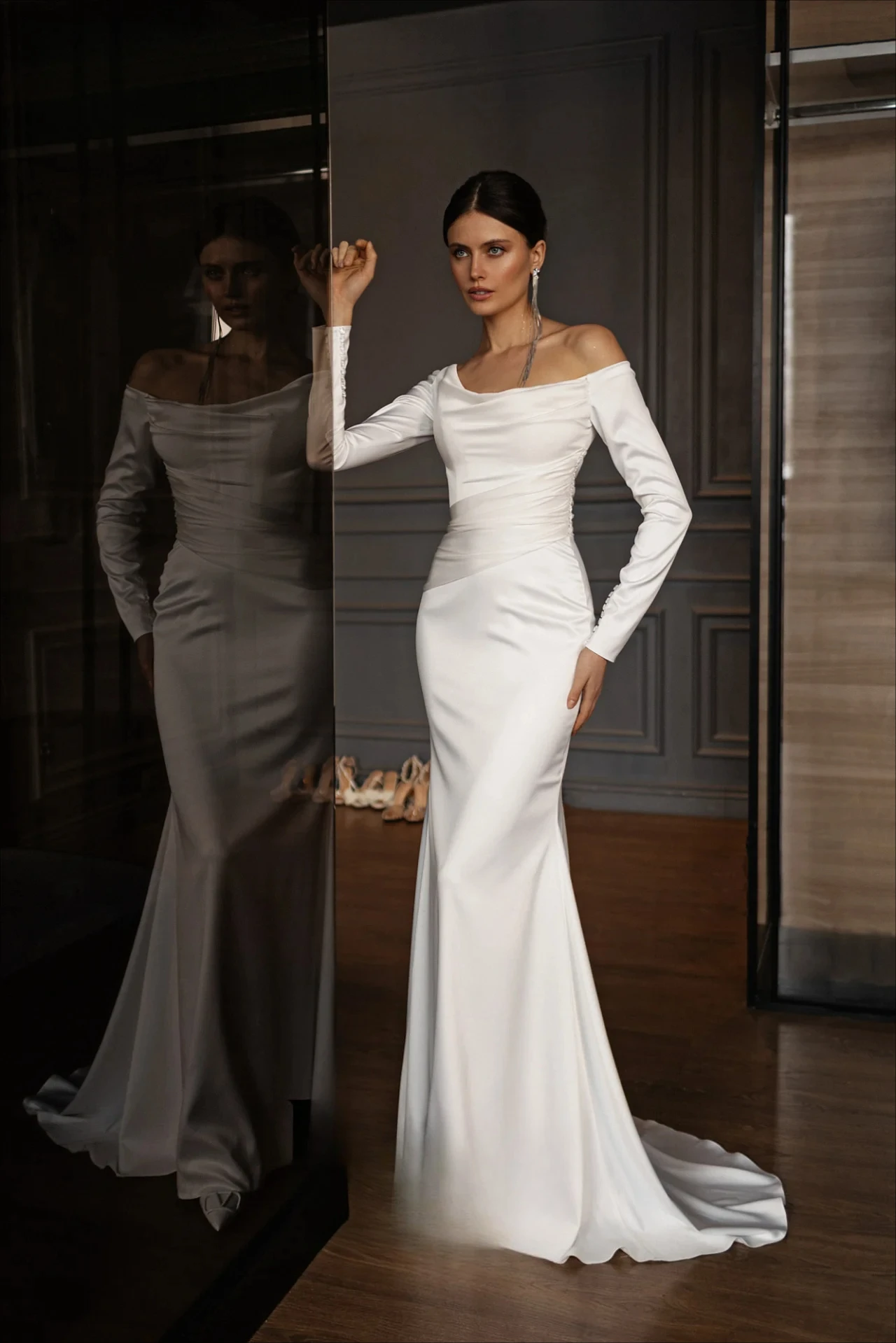 Customized Simple One Shoulder Long Sleeves Open Back Mermaid Floor Length Sweep Train Wedding Dresses Satin Draped Bridal Gowns