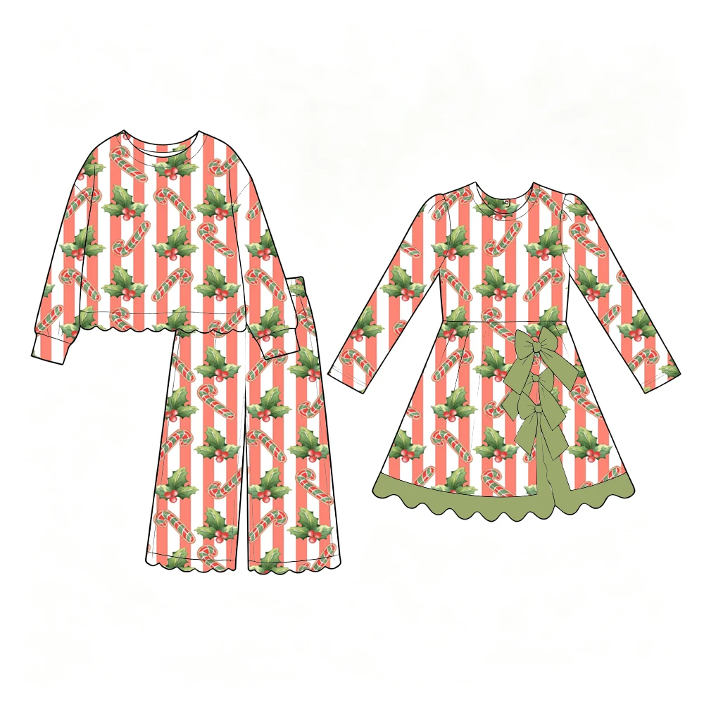 Boutique Kids Sets Long-Sleeve Long Trousers Christmas Series Print Matching Bow Decoration Dress Wholesale