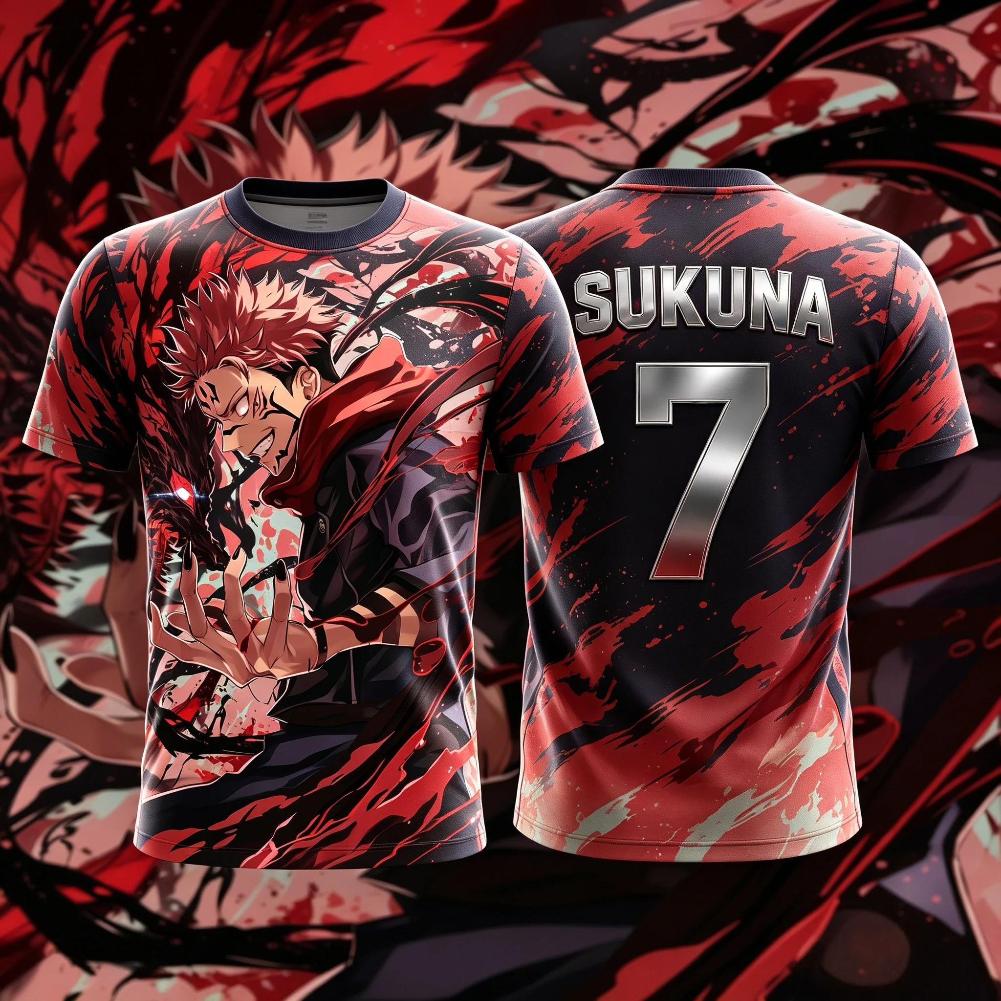 2026 Summer Jujutsu Kaisen Sukuna Red Ink Splash 3D Print Sports Jersey Oversized Anime Fan Casual Tee