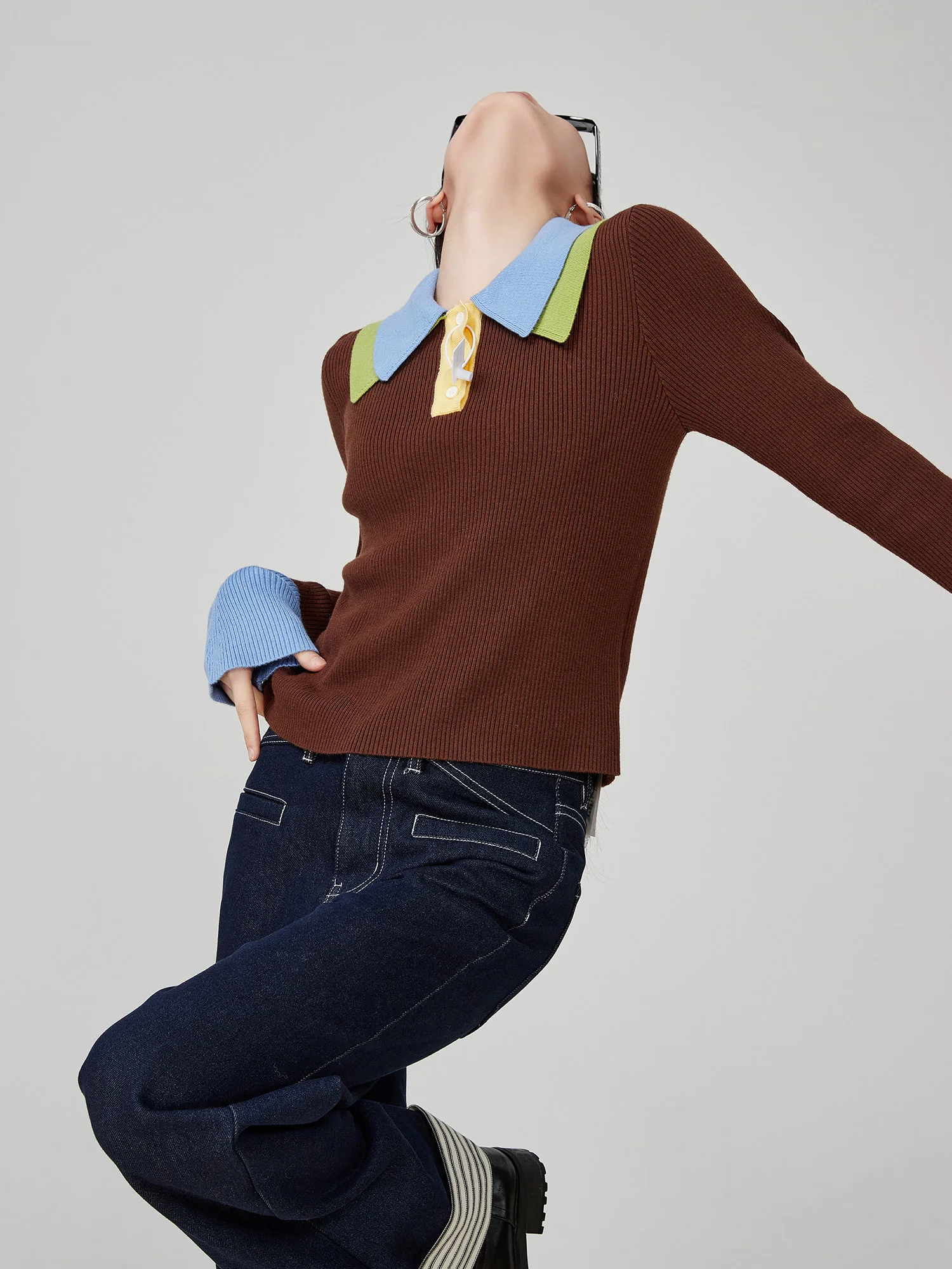 

Unique Women's Collared Base irt Spring 2025 Early Sle Patchwork Two-Piece Look Polyester Fiber Long Sve Knitted Top