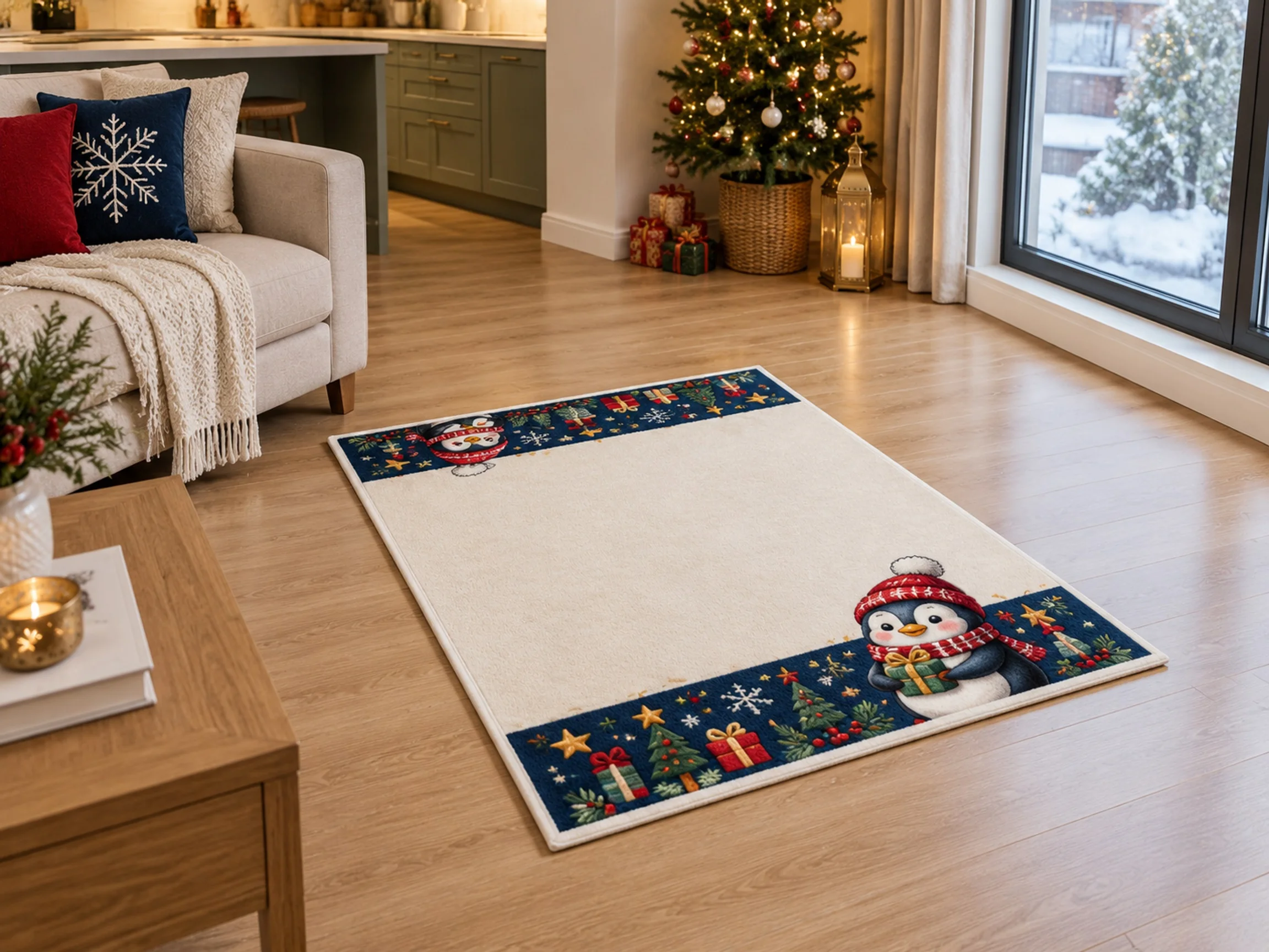 VIKAMA Christmas Midnight Blue Penguin Flannel Door Mat, Anti-Slip Washable Xmas Rug, Xmas Decor for Bathroom, Hallway, Bedroom