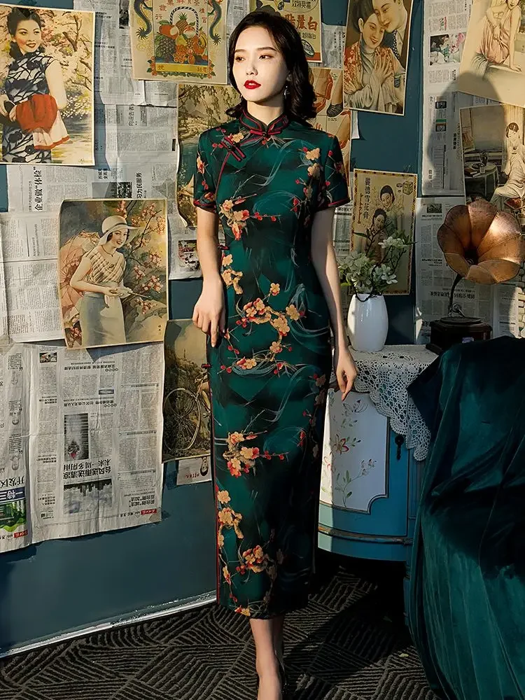 

2024 Spring New Green Elegant Retro Women Chinese Traditional Dress Qipao Printing Cheongsam Long Qi Pao Dresses Size 4XL